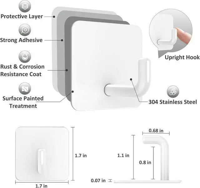 Alt view image 3 of 7 - VIS'V Adhesive Hooks, Small Shower Wall Stick on Hooks, White, 4 Pcs | Metal Material, Compact Design, Peel and Stick, 2 Extra Adhesive Strips, for Bathroom Kitchen Livingroom Office RV