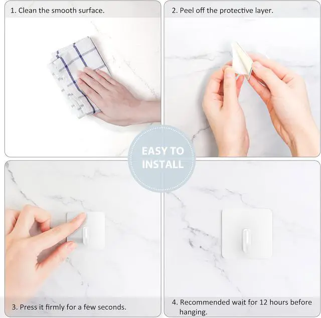 Alt view image 6 of 7 - VIS'V Adhesive Hooks, Small Shower Wall Stick on Hooks, White, 4 Pcs | Metal Material, Compact Design, Peel and Stick, 2 Extra Adhesive Strips, for Bathroom Kitchen Livingroom Office RV