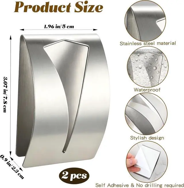 Alt view image 2 of 7 - Self Adhesive Towel Hook Holder, 2Pcs Stainless Steel Kitchen Dish Towel Hook Grabber Wall Mount Non Drilling Hangers Shower Wall Hand Towels Hooks for Home Bathroom Kitchen Accesories, Silver