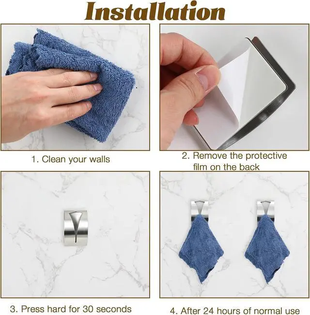 Alt view image 5 of 7 - Self Adhesive Towel Hook Holder, 2Pcs Stainless Steel Kitchen Dish Towel Hook Grabber Wall Mount Non Drilling Hangers Shower Wall Hand Towels Hooks for Home Bathroom Kitchen Accesories, Silver