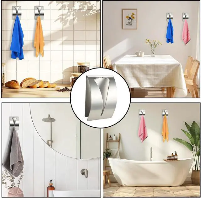 Alt view image 7 of 7 - Self Adhesive Towel Hook Holder, 2Pcs Stainless Steel Kitchen Dish Towel Hook Grabber Wall Mount Non Drilling Hangers Shower Wall Hand Towels Hooks for Home Bathroom Kitchen Accesories, Silver