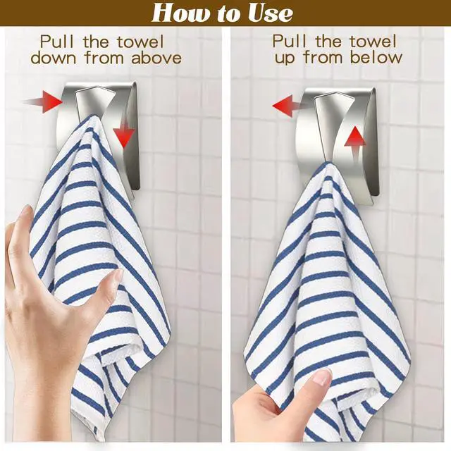 Alt view image 4 of 7 - Self Adhesive Towel Hook Holder, 2Pcs Stainless Steel Kitchen Dish Towel Hook Grabber Wall Mount Non Drilling Hangers Shower Wall Hand Towels Hooks for Home Bathroom Kitchen Accesories, Silver
