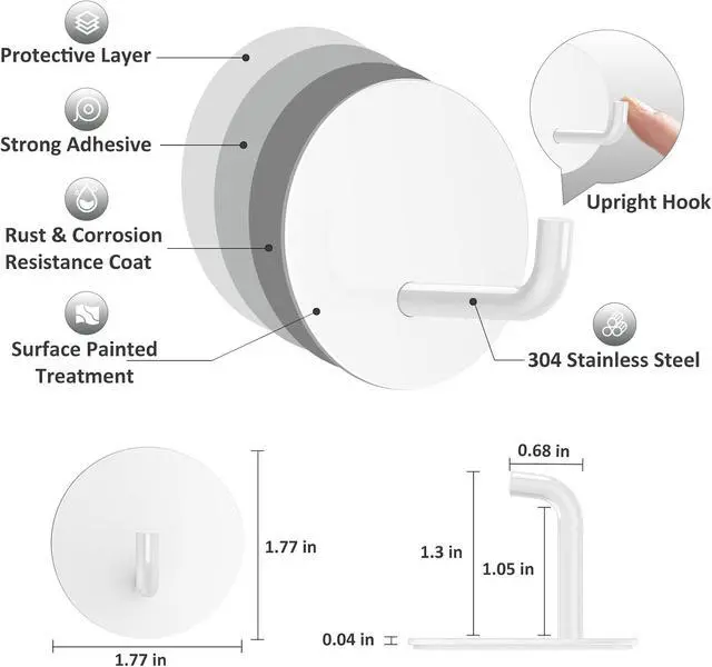 Alt view image 3 of 7 - VIS'V Adhesive Hooks, Shower Wall Stick on Hooks, Round, White, 4 Pcs | Metal Material, Compact Design, Peel and Stick, 2 Extra Adhesive Strips, for Bathroom Kitchen Livingroom Office RV