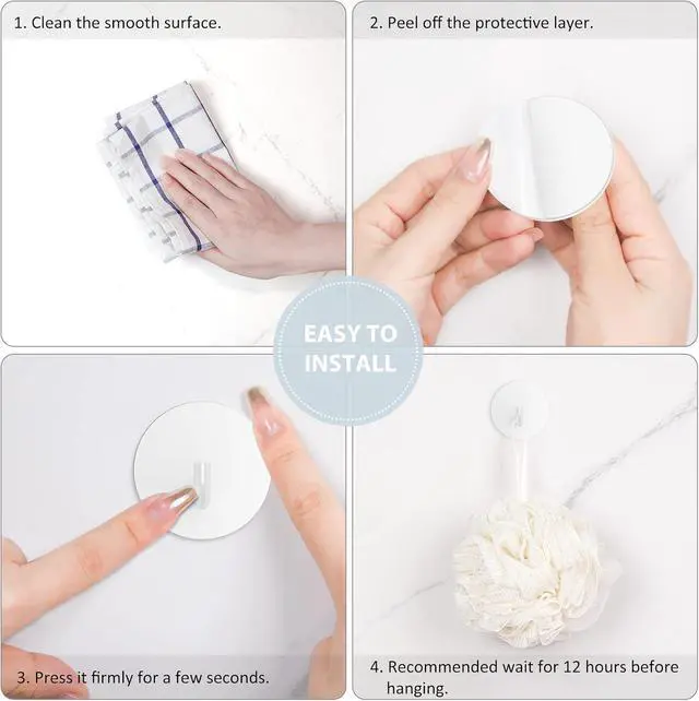 Alt view image 6 of 7 - VIS'V Adhesive Hooks, Shower Wall Stick on Hooks, Round, White, 4 Pcs | Metal Material, Compact Design, Peel and Stick, 2 Extra Adhesive Strips, for Bathroom Kitchen Livingroom Office RV