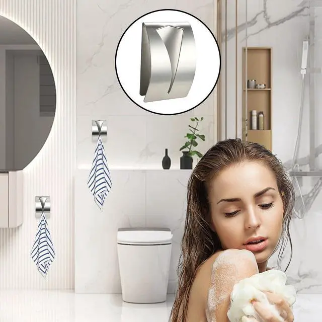 Alt view image 6 of 7 - Self Adhesive Towel Hook Holder, 2Pcs Stainless Steel Kitchen Dish Towel Hook Grabber Wall Mount Non Drilling Hangers Shower Wall Hand Towels Hooks for Home Bathroom Kitchen Accesories, Silver