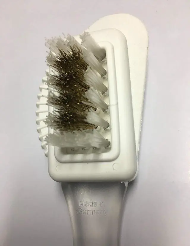 Alt view image 2 of 6 - Pedag Suede Shoe Cleaner Brush | Made in Germany | 4-Way Cleaning & Refreshing | Brass & Nylon Bristles + Rubber | for Suede Nubuck & Velvet Shoes Boots & Bags | 1 Brush