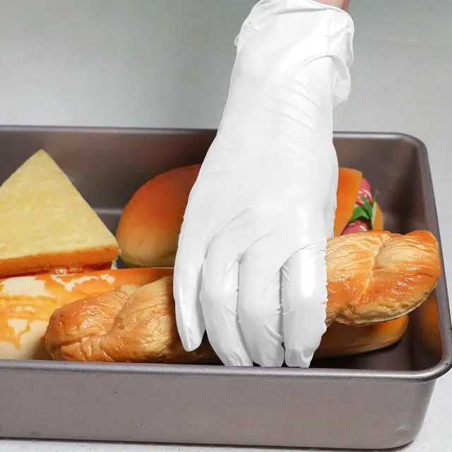 Alt view image 4 of 7 - Disposable Gloves Medium, Nitrile and Vinyl Blend Material Gloves, Latex Free, 4 Mil 100 Pc Food Grade Glove for Cleaning, Food Prep, Hair Dye, Tattoo, White