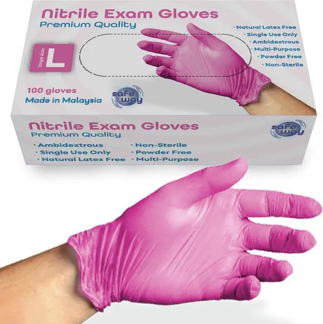Main image of SAFEWAY USA Pink Nitrile Gloves Disposable Non-Latex, Powder-Free, Ambidextrous Design Multi-purpose Gloves for House Chores, Nail Tech, Salon, Tattooing, Esthetician and more (100 pcs, Large)