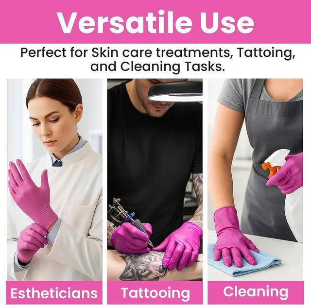 Alt view image 2 of 7 - SAFEWAY USA Pink Nitrile Gloves Disposable Non-Latex, Powder-Free, Ambidextrous Design Multi-purpose Gloves for House Chores, Nail Tech, Salon, Tattooing, Esthetician and more (100 pcs, Large)