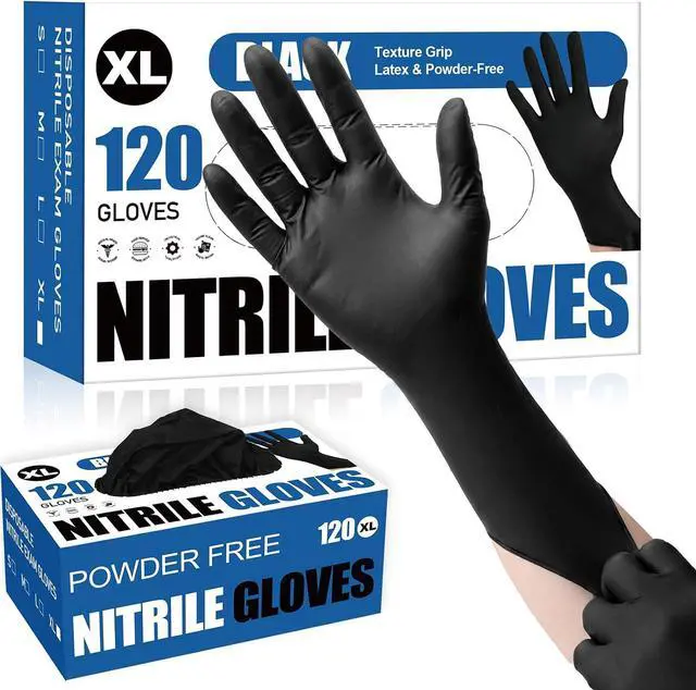 Main image of Fixwal Disposable Black Nitrile Gloves, XL, 4 Mil, 120 Count | Food-Grade Protection with Textured Grip, Oil & Grease Resistant for Cleaning and Food Prep, Latex-Free, Powder-Free