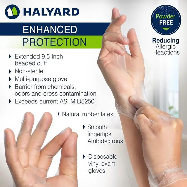 Alt view image 2 of 7 - HALYARD Disposable Vinyl Gloves, Powder-Free, Industrial, Food Service, Cleaning, 5.9 mil, 9.5", Clear, Large, 55033 (Box of 100)