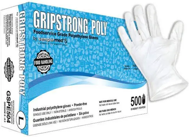 Main image of Sempermed GripStrong Polyethylene Gloves - Foodservice Grade Large - 500 Ct | Latex Free, DEHP DINP Free, FDA 21 CFR 177 Compliant, Clear, Ambidextrous, Loose Fit, Adult, Disposable