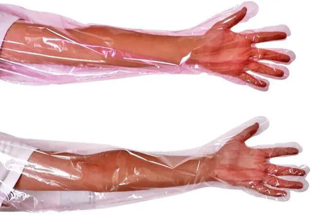 Alt view image 2 of 5 - 50pcs Disposable Long Plastic Gloves, Veterinary Insemination Gloves, Full Arm Long Sleeve, Field Dressing