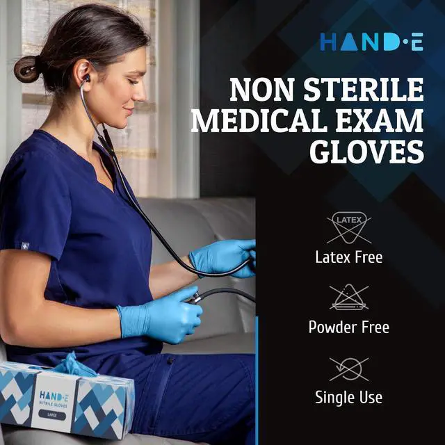 Alt view image 2 of 7 - Hand-E Touch Blue Nitrile Disposable Gloves - Latex Free Medical Exam Gloves, Powder Free, Food Safe, Cooking