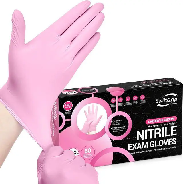 Main image of SwiftGrip Nitrile Exam Gloves, 4 Mil, Cherry Blossom, Food Safe Gloves Disposable Latex Free, Powder Free