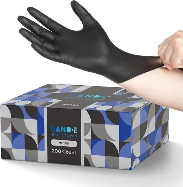 Main image of Hand-E Touch Black Nitrile Disposable Gloves Medium, 50 Count - BBQ, Tattoo, Hair Dye, Cooking, Mechanic Gloves - Powder and Latex Free