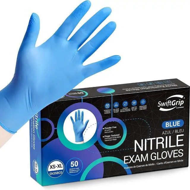 Main image of SwiftGrip Disposable Nitrile Exam Gloves, Blue, Latex Free, Medical Gloves for Cleaning, Food-Safe, Powder Free, Non-Sterile