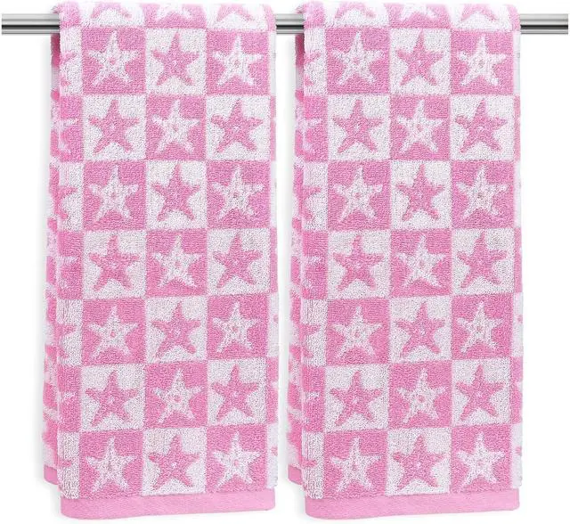 Main image of Jacquotha Checkered Starfish Pink Hand Towels Set of 2, Cotton, 13" x 29" | Soft & Quick Dry Cotton, Coastal Aesthetic Summer Decor, Women Girls