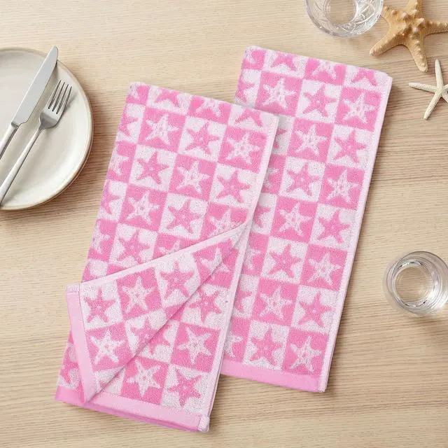 Alt view image 2 of 7 - Jacquotha Checkered Starfish Pink Hand Towels Set of 2, Cotton, 13" x 29" | Soft & Quick Dry Cotton, Coastal Aesthetic Summer Decor, Women Girls