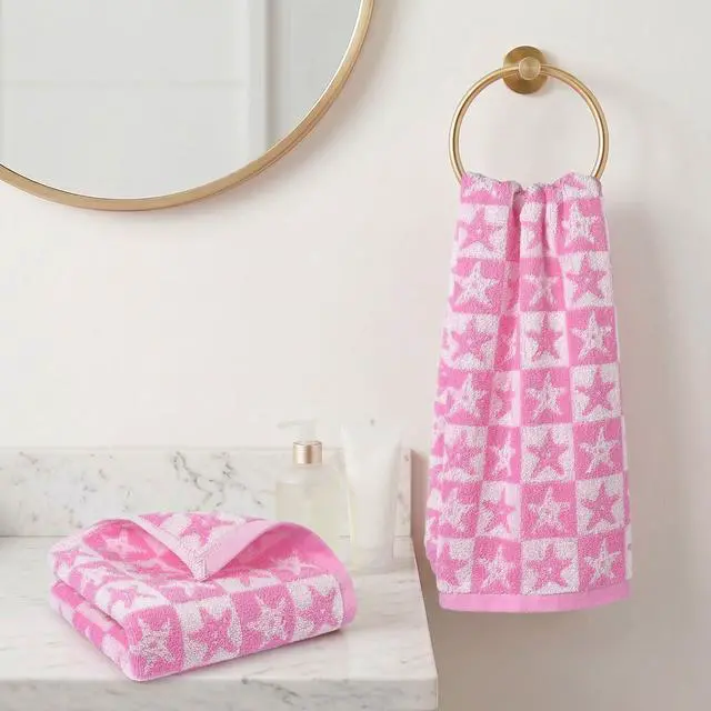 Alt view image 3 of 7 - Jacquotha Checkered Starfish Pink Hand Towels Set of 2, Cotton, 13" x 29" | Soft & Quick Dry Cotton, Coastal Aesthetic Summer Decor, Women Girls
