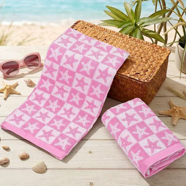 Alt view image 4 of 7 - Jacquotha Checkered Starfish Pink Hand Towels Set of 2, Cotton, 13" x 29" | Soft & Quick Dry Cotton, Coastal Aesthetic Summer Decor, Women Girls