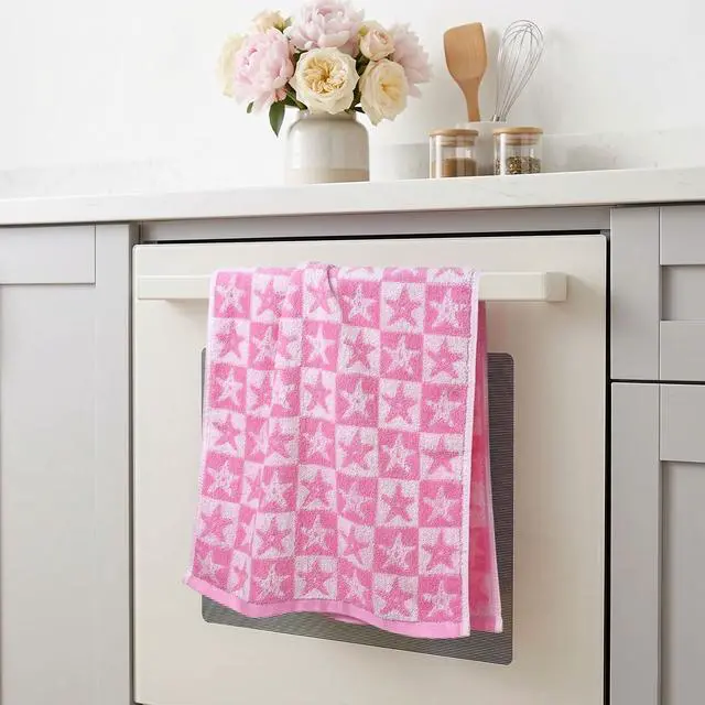 Alt view image 5 of 7 - Jacquotha Checkered Starfish Pink Hand Towels Set of 2, Cotton, 13" x 29" | Soft & Quick Dry Cotton, Coastal Aesthetic Summer Decor, Women Girls