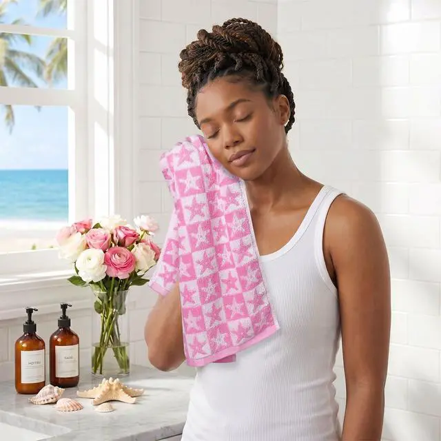 Alt view image 7 of 7 - Jacquotha Checkered Starfish Pink Hand Towels Set of 2, Cotton, 13" x 29" | Soft & Quick Dry Cotton, Coastal Aesthetic Summer Decor, Women Girls