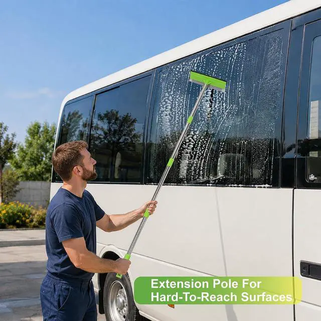 Alt view image 6 of 7 - 2 in 1 Window Squeegee with 55" Long Stainless Steel Handle,Sponge Car Squeegee for Home,Gas Station,Glass,Shower,Outdoor High Window Cleaning
