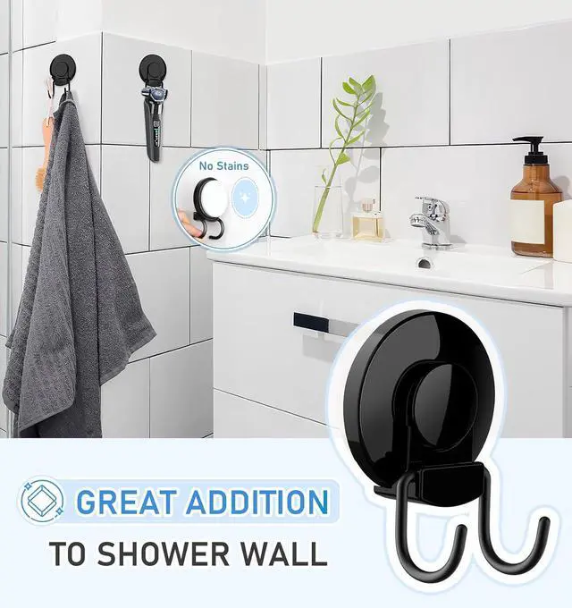 Alt view image 2 of 7 - VIS'V Shower Suction Cup Hooks, Removable and Reusable, Black, 2 Pcs | Double Hooks Design, Heavy Duty, Strong Vacuum Suction, Fits for Smooth Flat Surfaces