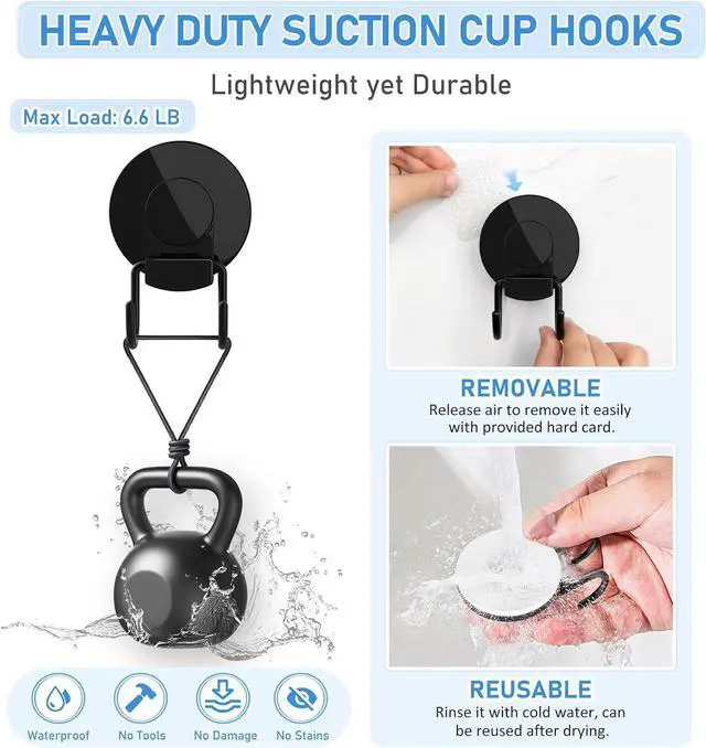 Alt view image 3 of 7 - VIS'V Shower Suction Cup Hooks, Removable and Reusable, Black, 2 Pcs | Double Hooks Design, Heavy Duty, Strong Vacuum Suction, Fits for Smooth Flat Surfaces