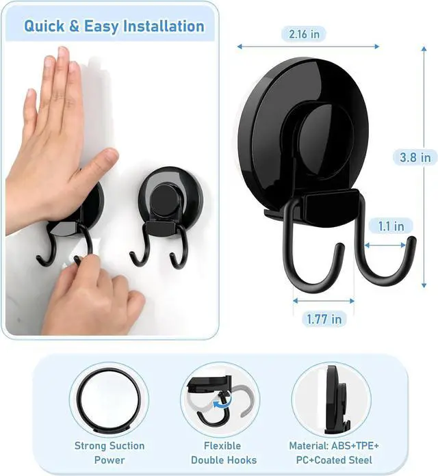 Alt view image 4 of 7 - VIS'V Shower Suction Cup Hooks, Removable and Reusable, Black, 2 Pcs | Double Hooks Design, Heavy Duty, Strong Vacuum Suction, Fits for Smooth Flat Surfaces