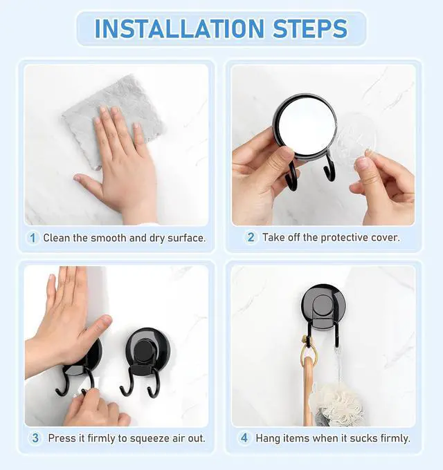 Alt view image 7 of 7 - VIS'V Shower Suction Cup Hooks, Removable and Reusable, Black, 2 Pcs | Double Hooks Design, Heavy Duty, Strong Vacuum Suction, Fits for Smooth Flat Surfaces