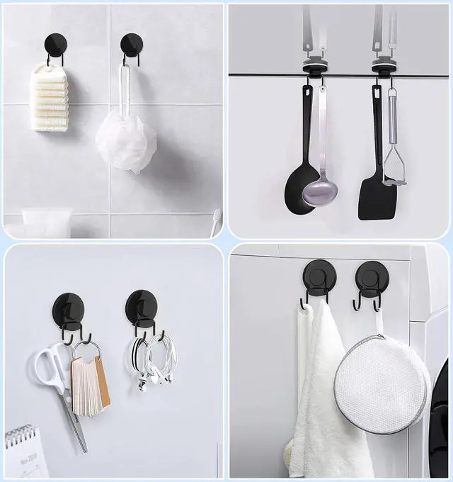 Alt view image 6 of 7 - VIS'V Shower Suction Cup Hooks, Removable and Reusable, Black, 2 Pcs | Double Hooks Design, Heavy Duty, Strong Vacuum Suction, Fits for Smooth Flat Surfaces