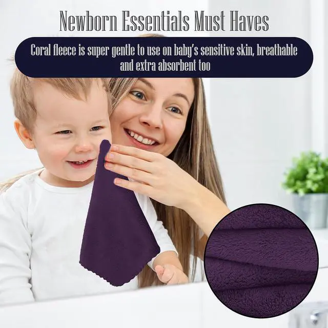 Alt view image 5 of 6 - 16 Pack Baby Washcloths - Luxury Coral Fleece - Extra Absorbent and Soft Wash Clothes for Newborns, Infants and Toddlers - Suitable for Sensitive Skin and New Born - Baby Shower - Plum, 10x10 Inch