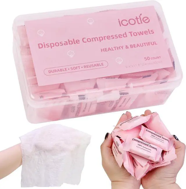 Main image of ICOTLE 50 Pcs Compressed Towels Disposable Cotton Coin Tissue Pack, Portable Face Cloths, Soft Thick Expandable Wash Towels for Travel, Home, Camping, Outdoor, Gym, Makeup Removal