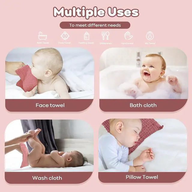Alt view image 6 of 7 - Yoofoss Muslin Baby Washcloths 100% Organic Cotton Face Towels 6 Pack Wash Cloths for Baby 12x12in Soft and Absorbent Baby Wipes (Gradient Pink)