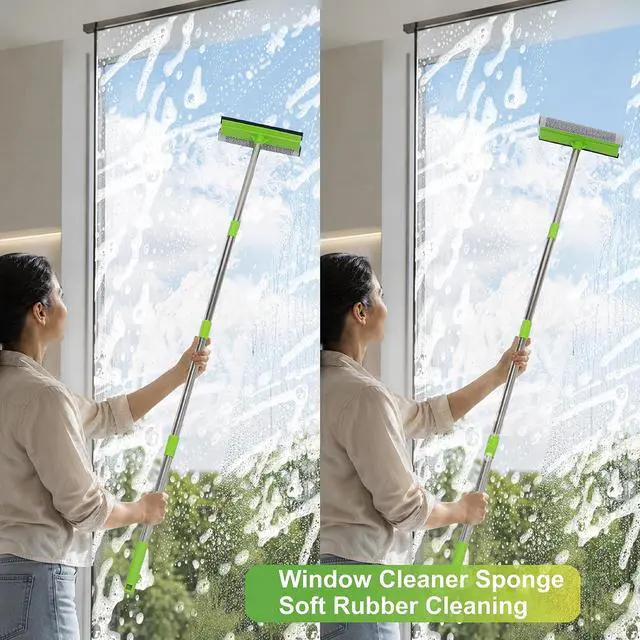 Alt view image 4 of 7 - 2 in 1 Window Squeegee with 55" Long Stainless Steel Handle,Sponge Car Squeegee for Home,Gas Station,Glass,Shower,Outdoor High Window Cleaning