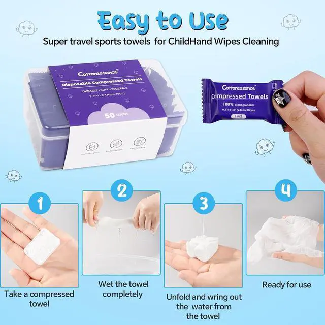 Alt view image 3 of 7 - Cottonessence Premium Compressed Towels (50-Pack) - 9.4" x 11.8" Individually Wrapped Coin Tissues, Portable Towels for Travel, Hiking, Gym, Spa, Beauty Salon, Makeup, Baby Care, Outdoor Use