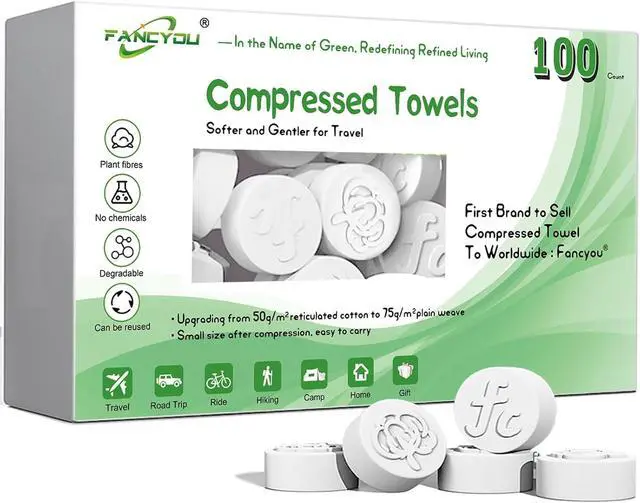 Main image of Compressed Towel Tablets 100 Count, Disposable Face Towels for Travel, Thick Soft Washcloths, Compact Coin Tissues for Skin Care, Gym, Camping, Home, 9 x 7.8 in