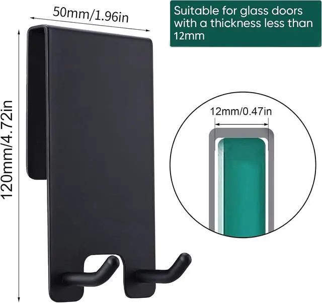 Alt view image 2 of 6 - Taozun Shower Door Hooks - Towel Hooks for Bathroom Frameless Glass, Squeegee Hook, Over Glass Hook - Black Stainless Steel 2 Pack