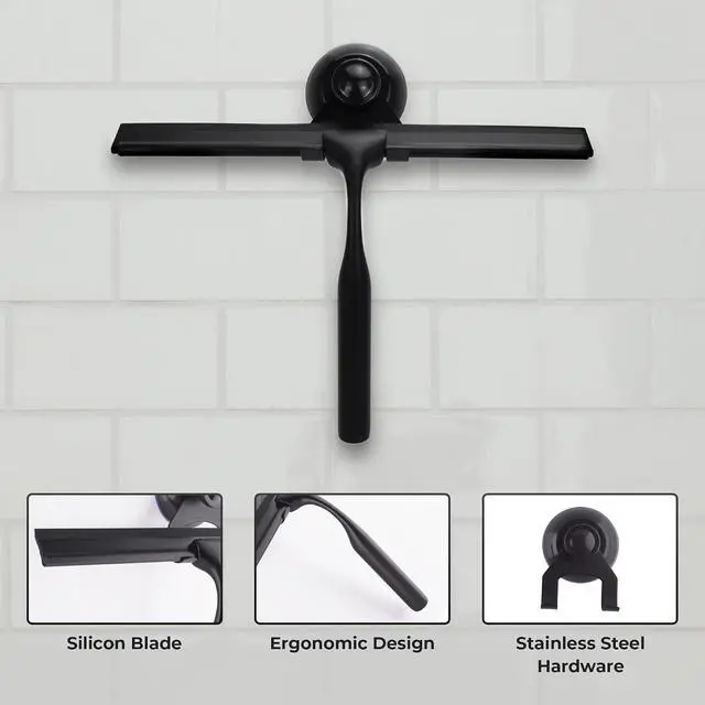 Alt view image 2 of 7 - Matte Black Shower Squeegee for Glass Doors with Adhesive Hooks, Squeegee for Shower Glass, Cleaner Tool for Bathroom Household Window Mirror Tile Wall Car, 10 Inch Black