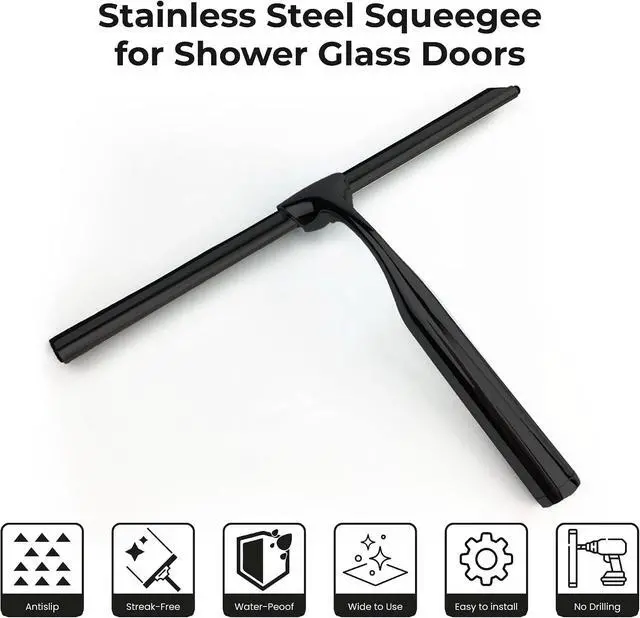 Alt view image 6 of 7 - Matte Black Shower Squeegee for Glass Doors with Adhesive Hooks, Squeegee for Shower Glass, Cleaner Tool for Bathroom Household Window Mirror Tile Wall Car, 10 Inch Black