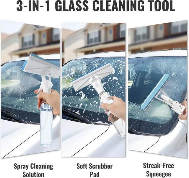 Alt view image 5 of 7 - 3-in-1 Window Squeegee for Window Cleaning with 300ML Tank & Scrubber | Window Cleaning Kit with Sponge Scrubber, Shower Squeegee for Glass Doors, Mirrors, Windshields, Car Windows & Hanging Hole