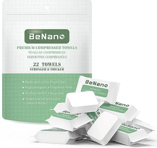 Main image of Benano 11.8x9.4 in Compressed Face Towels | Disposable Washcloths, 22 Pcs | Sensitive skin friendly, 100% USDA Biobased thick towelettes. Quick-dry portable wipes for daily face washing, travel.