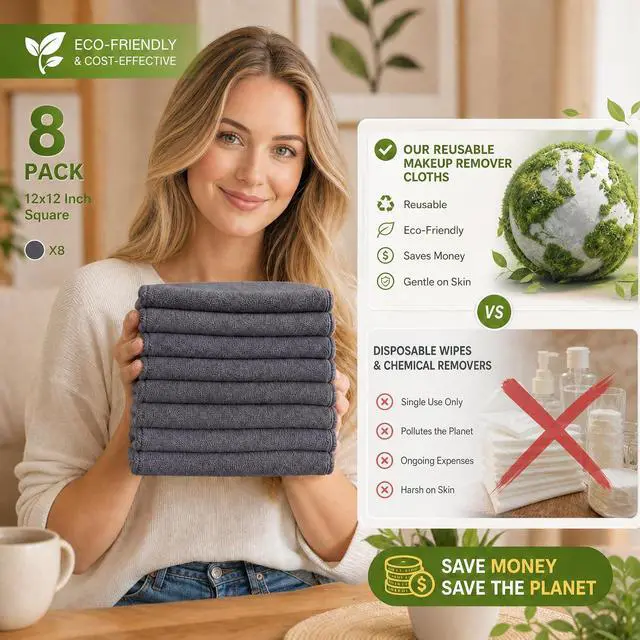 Alt view image 5 of 7 - Nugilla Makeup Remover Cloth 12 x 12 Inch, Reusable Makeup Remover Towels for Washing Face, 8 Pack Washable Microfiber Face Cloth Fast Drying Washcloth, Grey