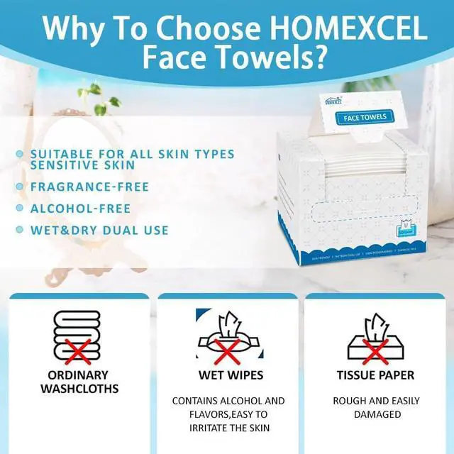 Alt view image 6 of 7 - HOMEXCEL Face Towels, Disposable Face Towelette Ultra Soft & Absorbent | Biodegradable Makeup Remover Dry Wipes, Facial Wash Cloth for All Skin, Lint-Free for Skincare & Cleansing, 100 Count (2 Box)