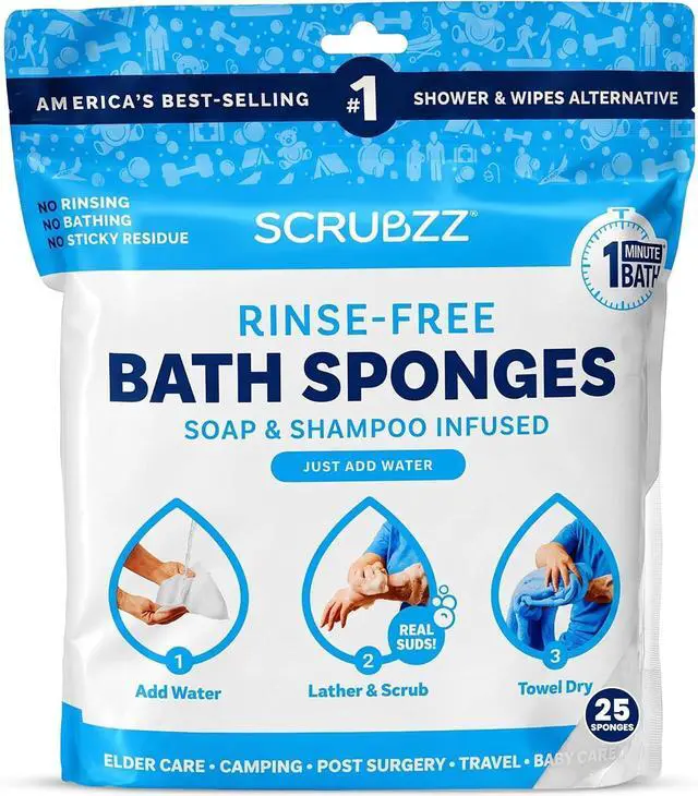 Main image of Scrubzz Disposable Rinse Free Bathing Wipes - 25 Pack - All-in-1 Single Use Shower Wipes, Simply Dampen, Lather, and Dry Without Shampoo or Rinsing