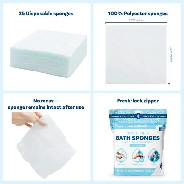 Alt view image 2 of 7 - Scrubzz Disposable Rinse Free Bathing Wipes - 25 Pack - All-in-1 Single Use Shower Wipes, Simply Dampen, Lather, and Dry Without Shampoo or Rinsing