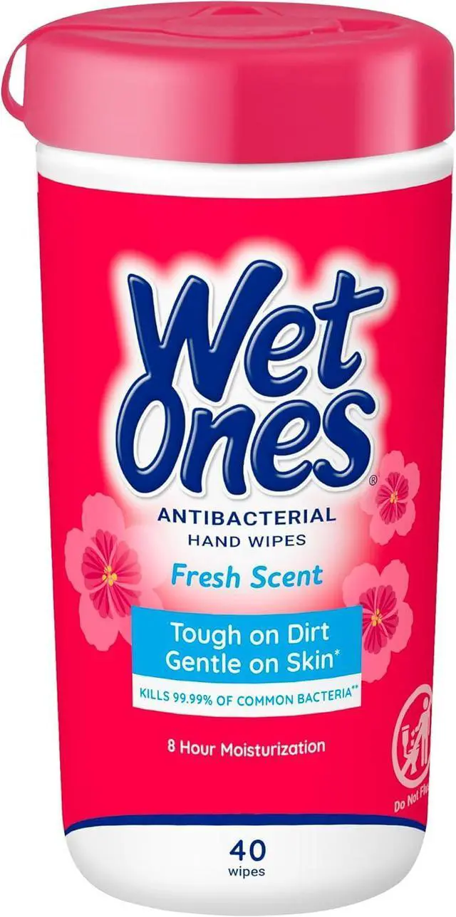 Main image of Wet Ones Antibacterial Hand Wipes, Fresh Scent, Packaging May Vary, White, 40 Count | Hand sanitizer wipes, Click-top canister lid, Made with aloe, Hypoallergenic, Paraben free, No sticky residue