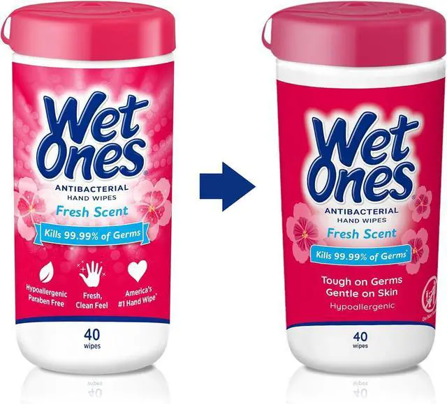 Alt view image 7 of 7 - Wet Ones Antibacterial Hand Wipes, Fresh Scent, Packaging May Vary, White, 40 Count | Hand sanitizer wipes, Click-top canister lid, Made with aloe, Hypoallergenic, Paraben free, No sticky residue